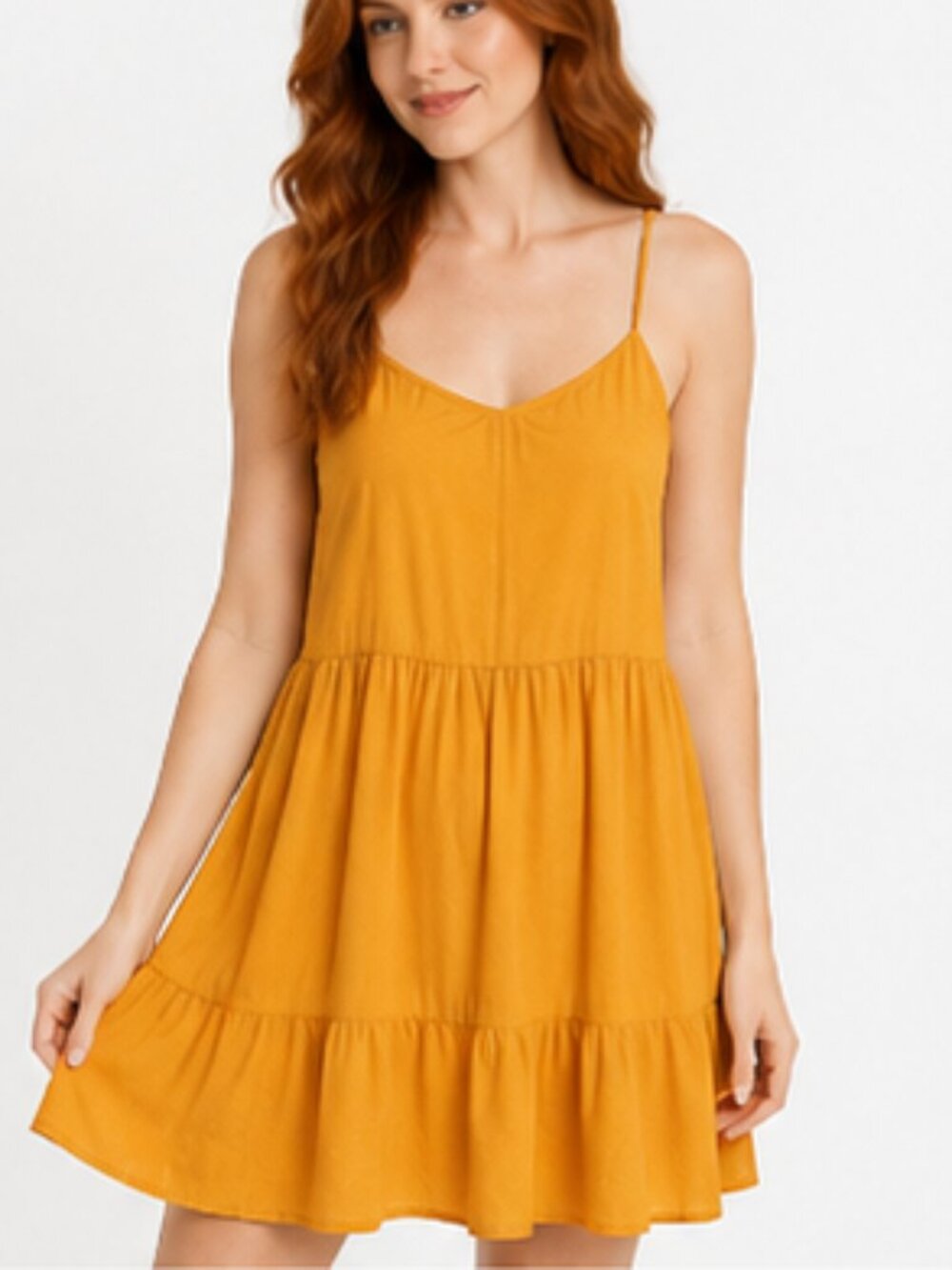 Women’s Orange Tiered Mini Dress - Casual Spaghetti Strap